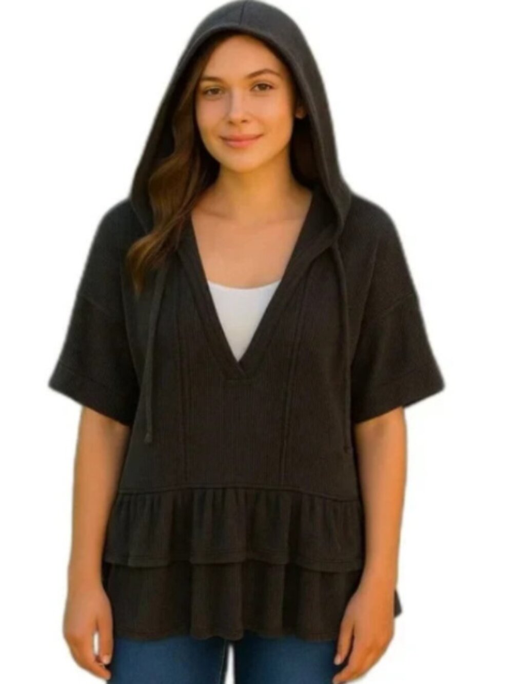 NEW POL Oversized Small Charcoal Gray Hooded Top Raw Seams Short Sleeves Ruffles